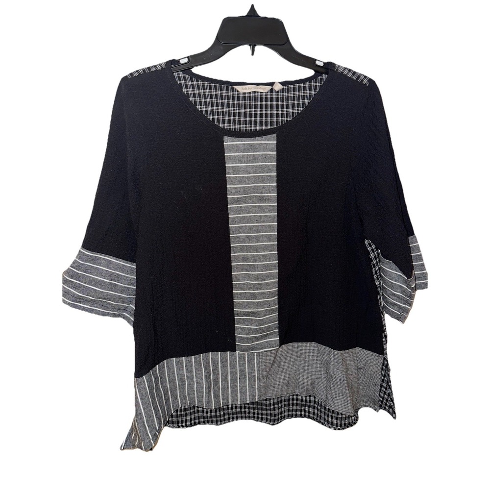Soft Surroundings Black White Classic Patchwork 100% Linen Flowy Top Size S